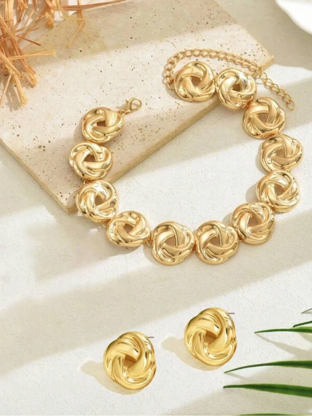 Gold Knot Link Necklace and Stud Earrings - Elegant Women's Jewelry